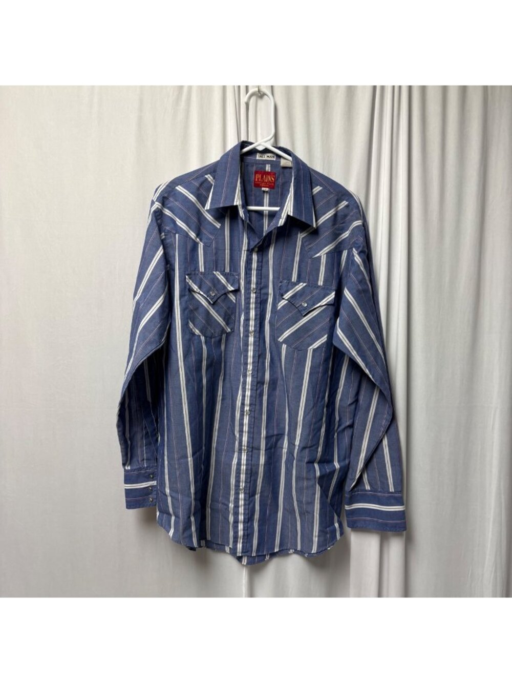 Plains Western Wear Shirt Mens Size LT Blue Stripe Long Sleeve Pearl Snaps Tall
